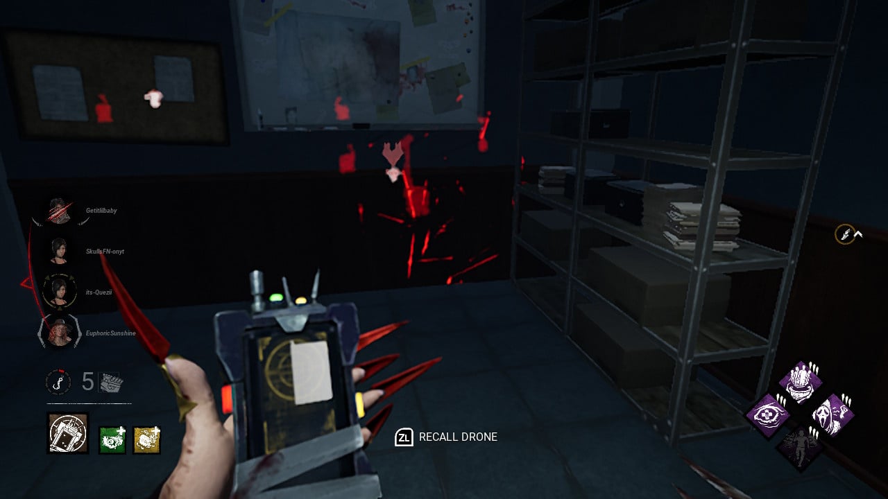 Image of the Skull Merchant's perspective in Raccoon City Police Department. She is holding her radar up to locate any survivors detected by drones, but the screen displays a large white square instead of it's typical small white circle. Scratch marks can be seen ahead of her along the wall.