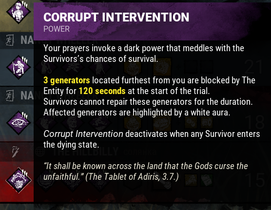 A post-game screenshot of the perk Corrupt Intervention. In the area under the perk name, it doesn't list the killer that the perk is from—it only says "Power".