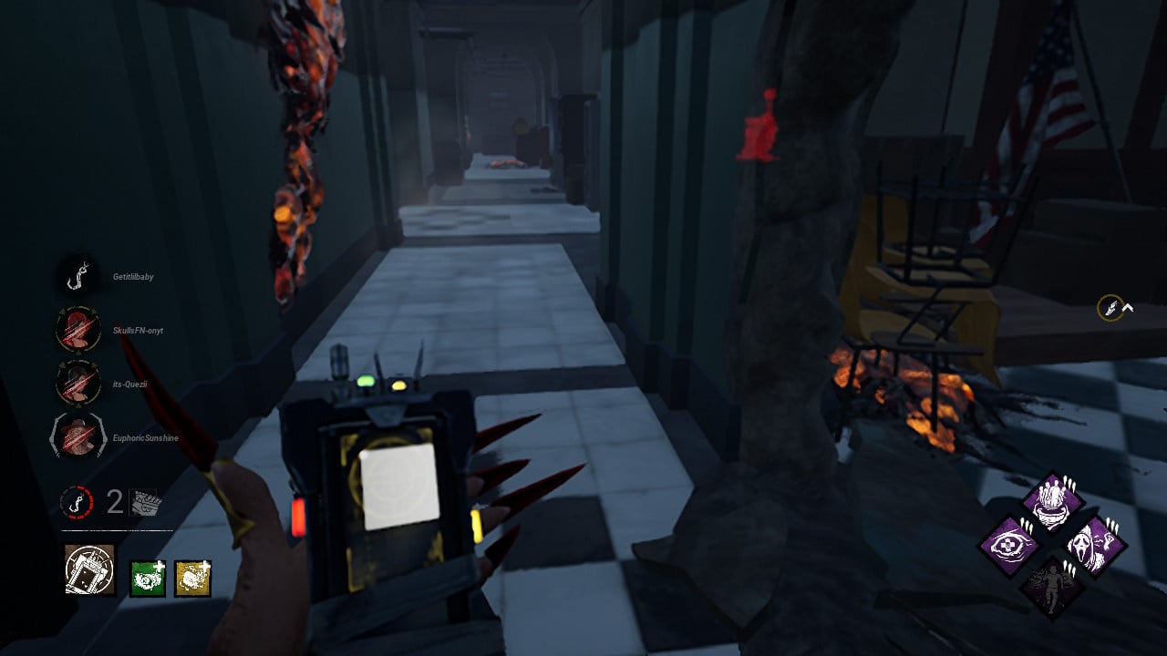 Image of the Skull Merchant's perspective in Raccoon City Police Department. She is holding her radar up to locate any survivors detected by drones, but the screen displays a large white square instead of it's typical small white circle.