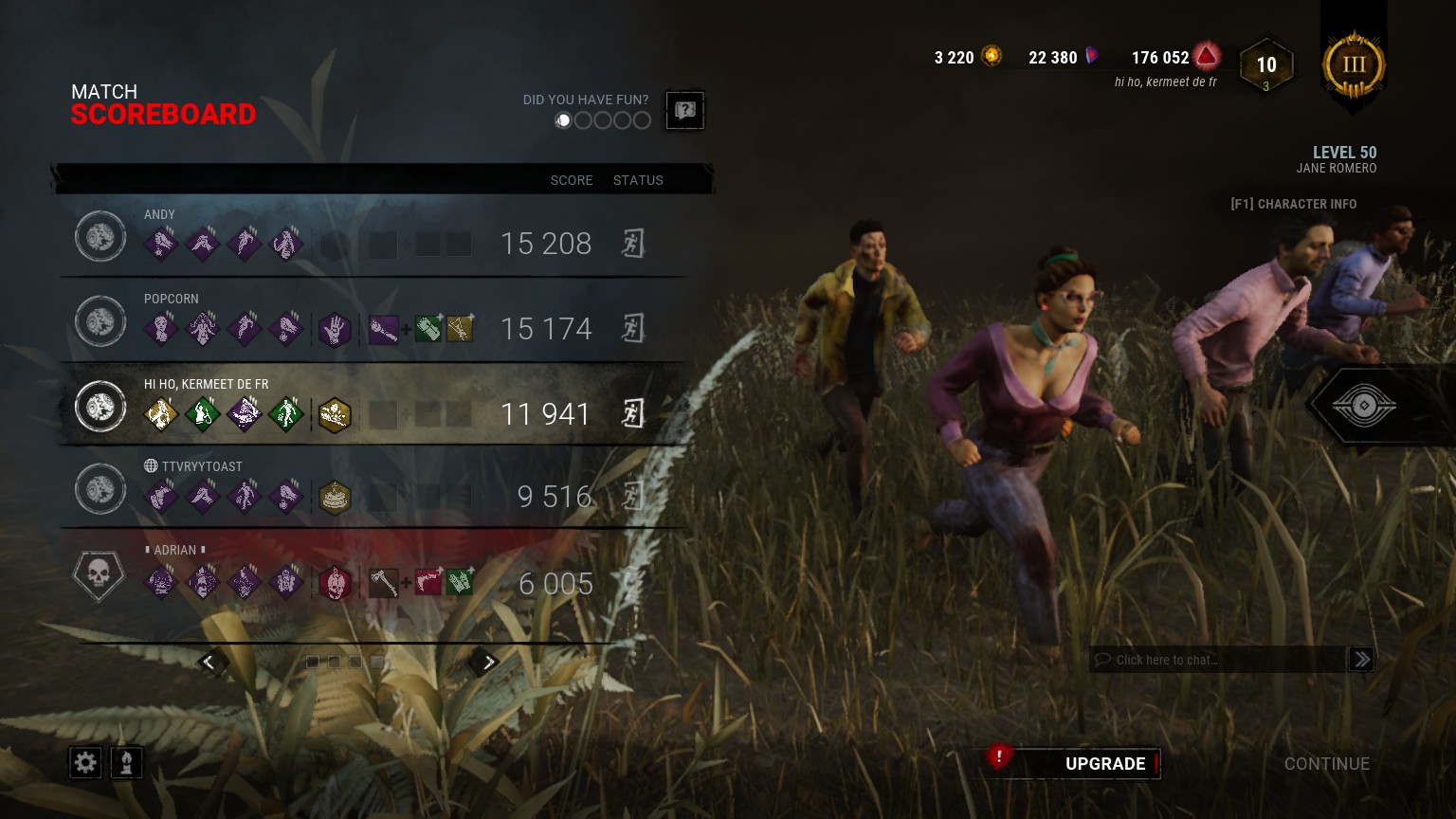 DBD post game lobby. In the lower right hand corner, the "continue" button to exit the lobby is greyed out, preventing it from being used.